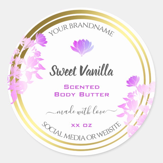 Floral White Purple Gold Product Packaging Labels (Front)