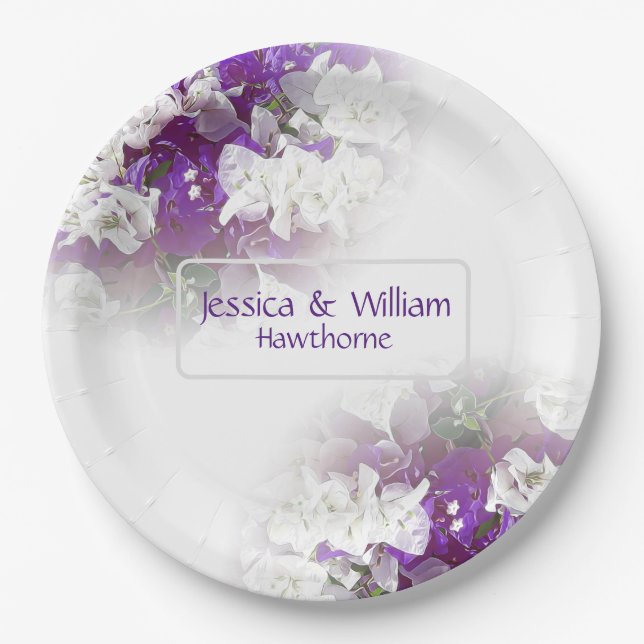 Floral White Purple Paper Wedding Plates (Front)