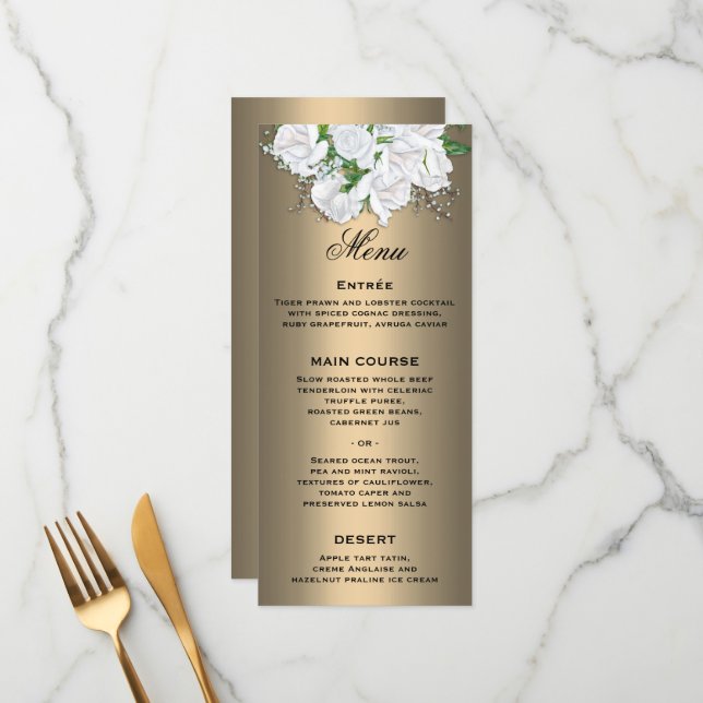 Floral White Rose Bouquet on Bronze Wedding Menu (Front/Back In Situ)