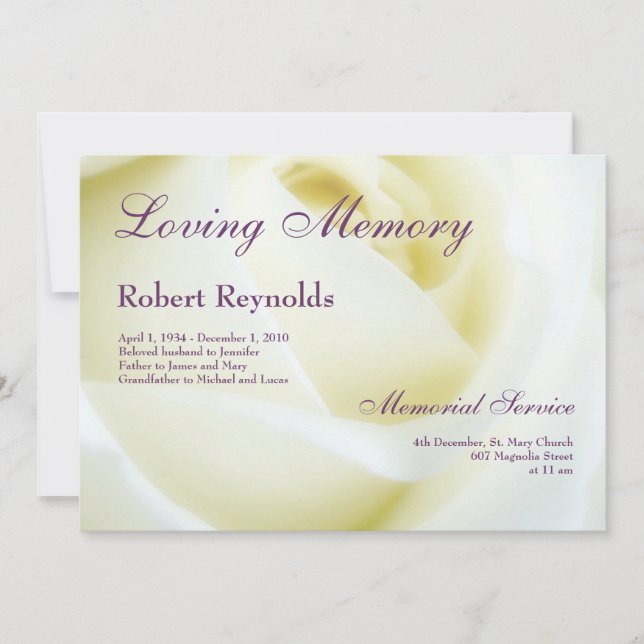 Floral White Rose Funeral or Memorial Announcement (Front)