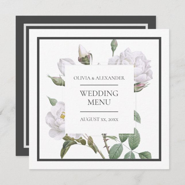 Floral White Roses Elegant Wedding Flat Menu (Front/Back)