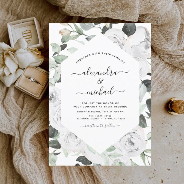 Floral White Roses Eucalyptus Greenery Wedding Inv Invitation (Creator Uploaded)