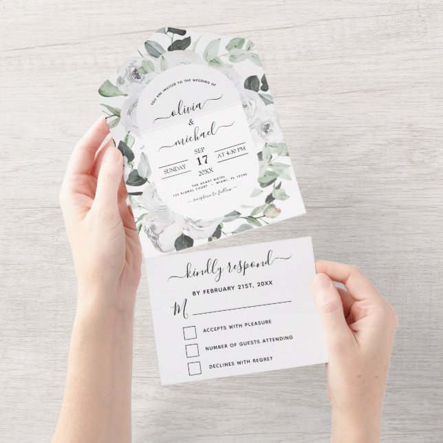 Floral White Roses Eucalyptus Wedding RSVP All In One Invitation (Tearaway)