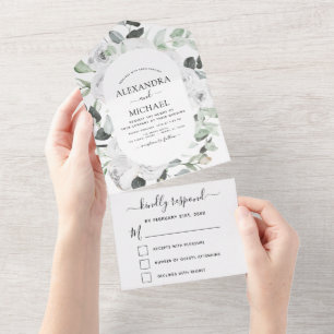 Floral White Roses Eucalyptus Wedding RSVP All In One Invitation