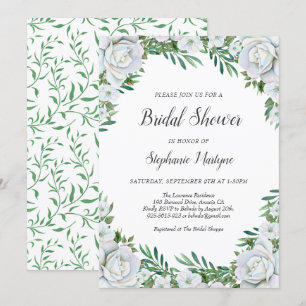 Floral White Roses Greenery Foliage Bridal Shower Invitation