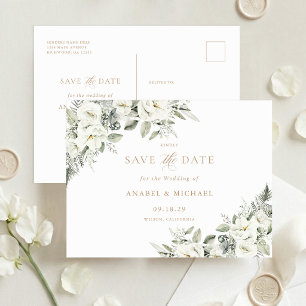 Floral White Save the Date Invitation Postcard