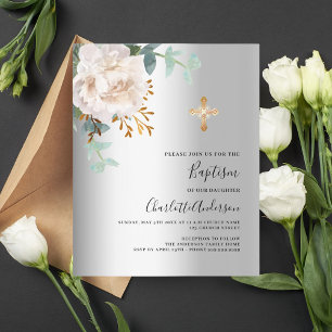 Floral white silver gold cross baptism invitation