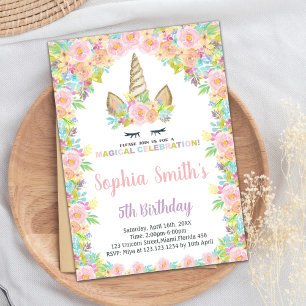Floral White Unicorn Birthday Invitations