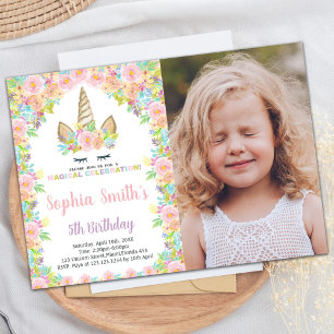 Floral White Unicorn Birthday Invitations w photo