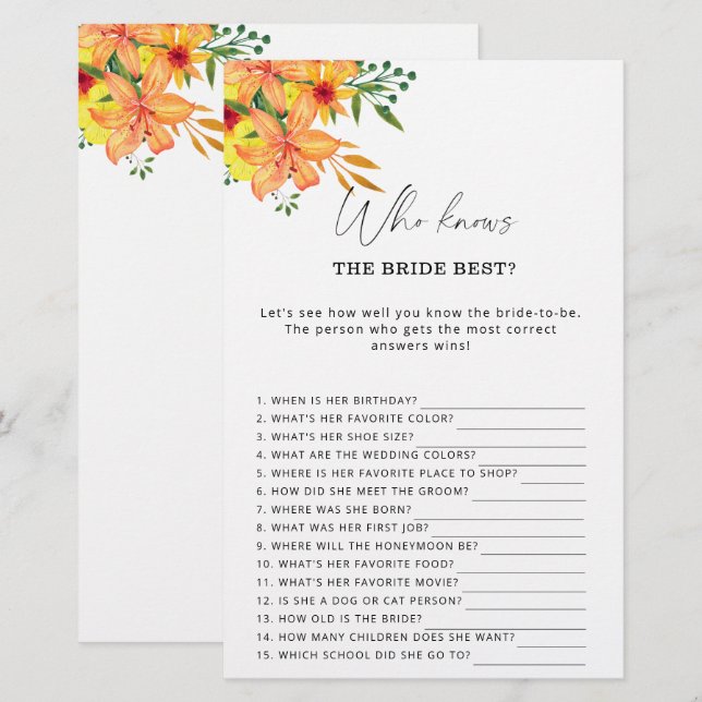 Floral Who knows the bride best game (Front/Back)