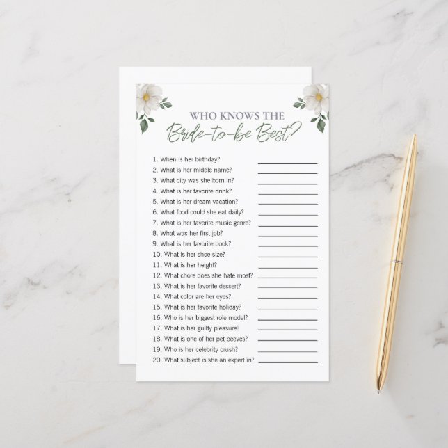 Floral "Who Knows The Bride" Bridal Shower Game (Front/Back In Situ)