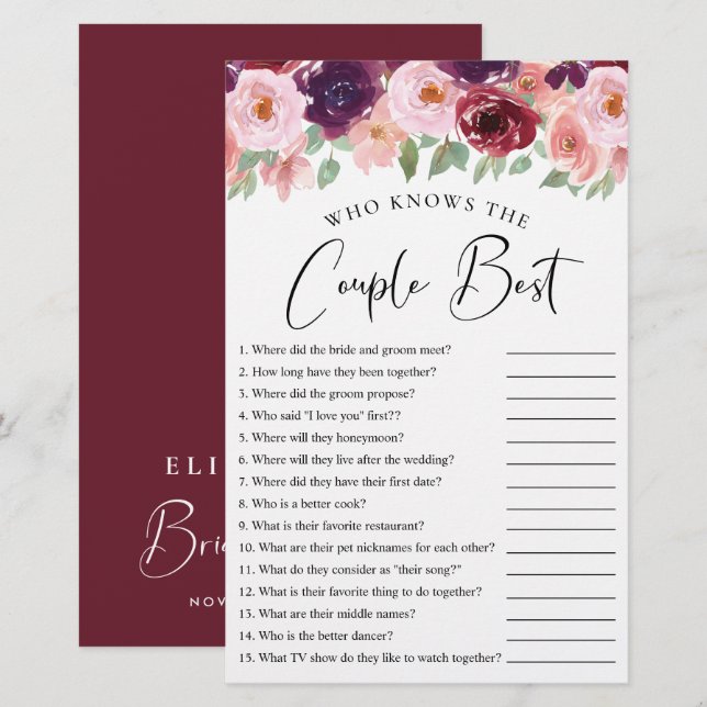 Floral Who Knows the Couple Best Shower Game (Front/Back)
