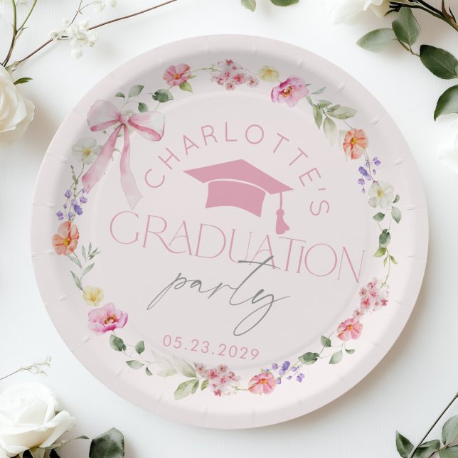 Floral Widflower Pink Bow Graduation party Paper Plate (Creator Uploaded)