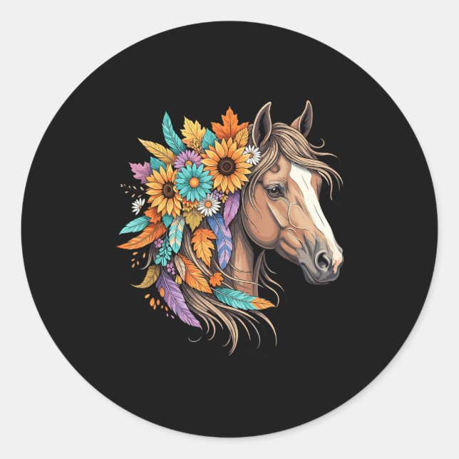 Floral Wild Horse Country Horse Riding Women Girls Classic Round Sticker (Front)