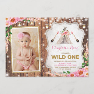 Floral Wild One 1st Birthday Rustic Teepee Party Invitation