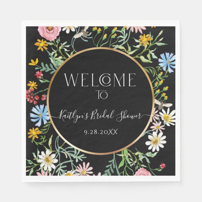 Floral Wildflower Black Boho Welcome Bridal Shower Napkin (Front)