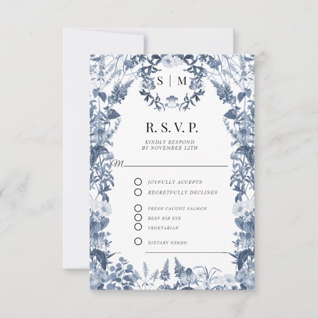 Floral Wildflower Blue and White QR code Wedding RSVP Card (Front)