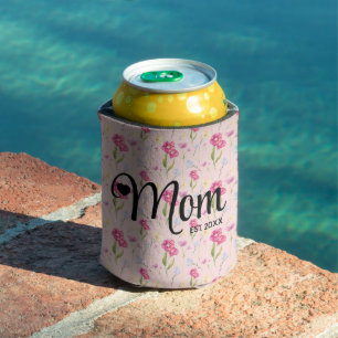 Floral Wildflower Blush Pink Script Mum Estd Can Cooler