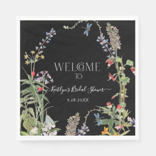 Floral Wildflower Boho Black Welcome Bridal Shower Napkin