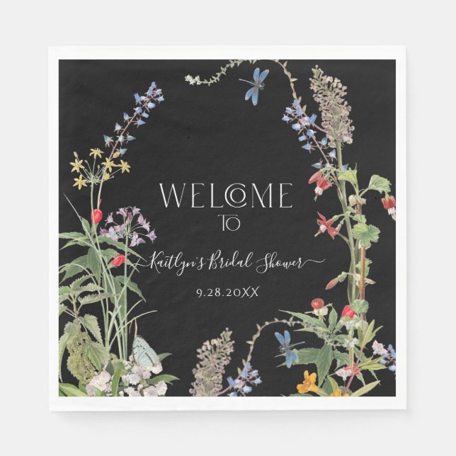 Floral Wildflower Boho Black Welcome Bridal Shower Napkin (Front)