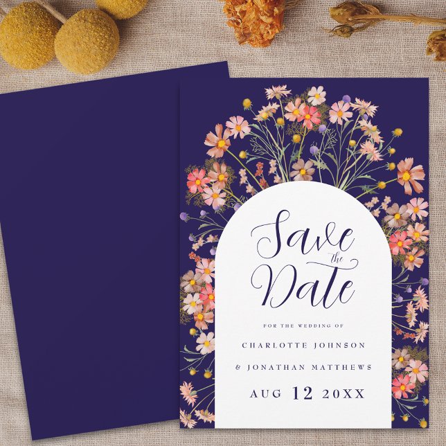 Floral Wildflower Boho Fall Wedding Save The Date (Floral wildflower boho Rustic fall navy blue & white wedding save the date invitation Elegant script)