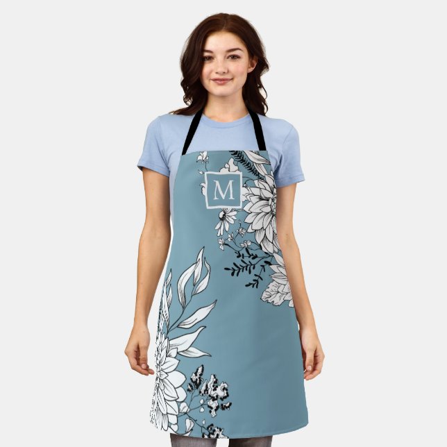 Floral Wildflower Botanical Monogram Blue White Apron (Worn)