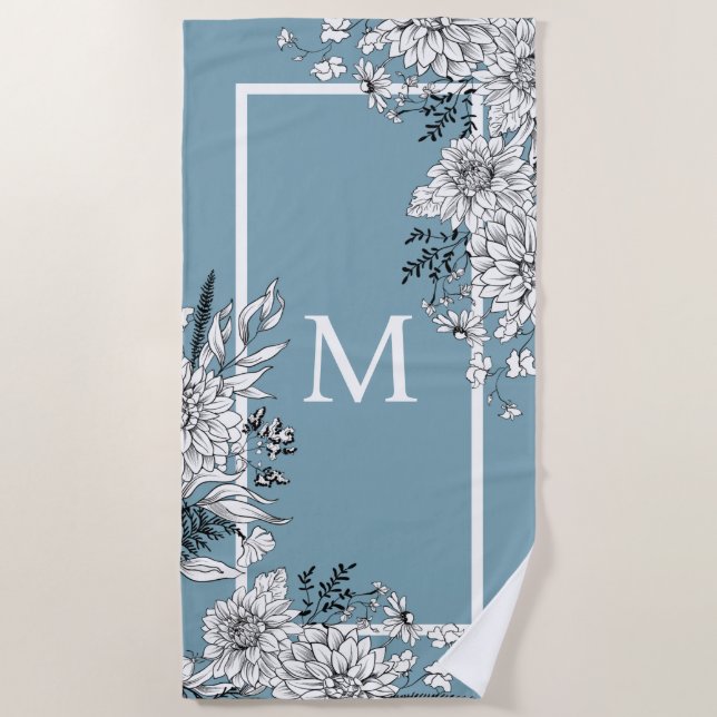 Floral Wildflower Botanical Monogram Blue White  Beach Towel (Front)