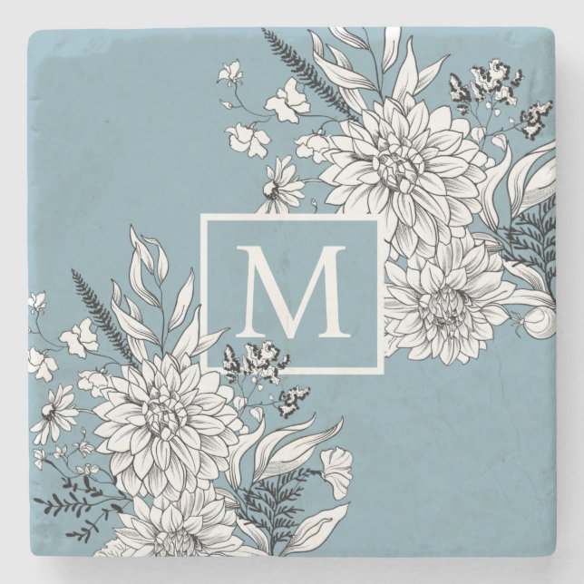 Floral Wildflower Botanical Monogram Blue White Stone Coaster (Front)