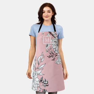 Floral Wildflower Botanical Monogram Pink White Apron