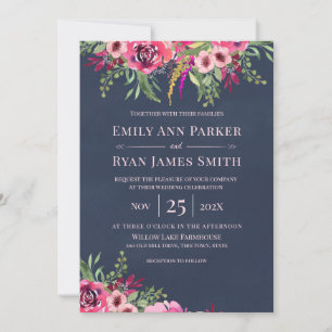 Floral Wildflower Bouquet Navy Blue Invitation