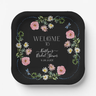 Floral Wildflower Daisy Boho Black Bridal Shower Paper Plate