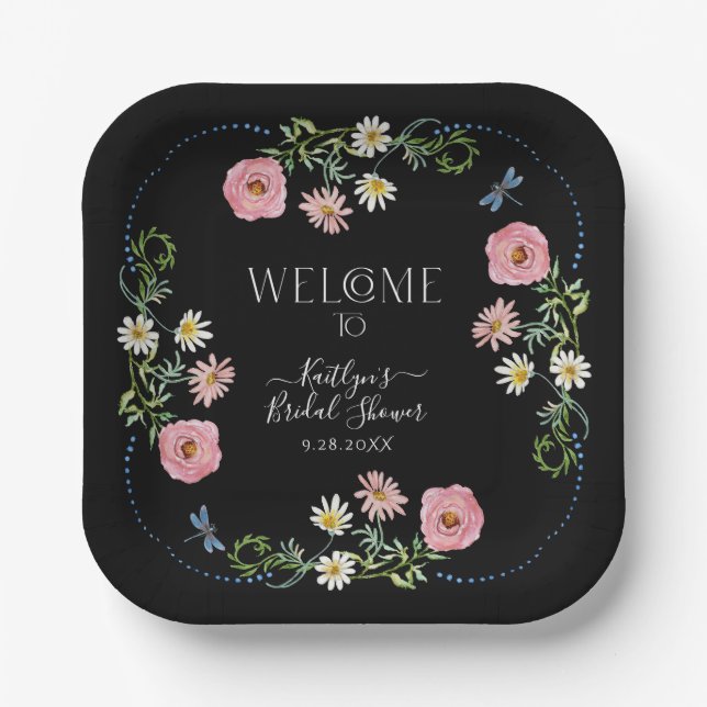 Floral Wildflower Daisy Boho Black Bridal Shower Paper Plate (Front)
