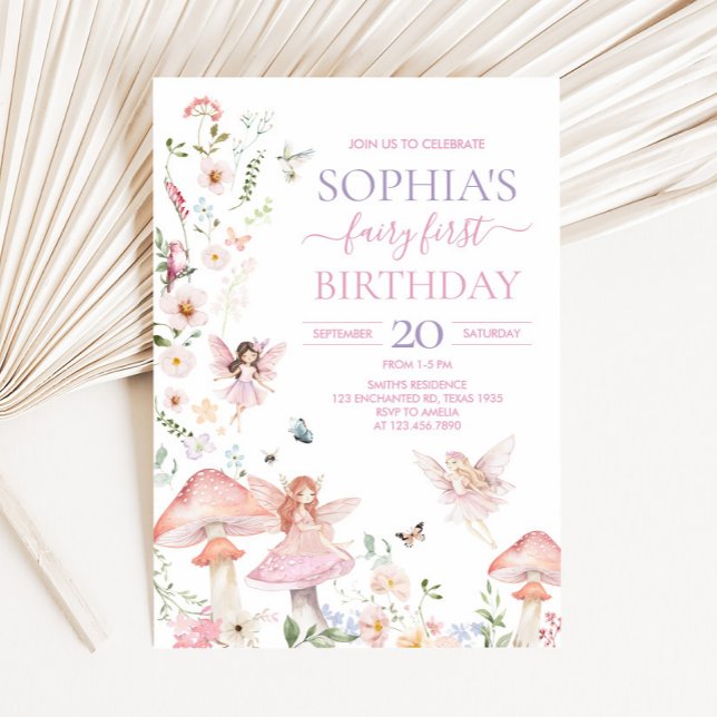Floral Wildflower Fairy First Birthday Party Invitation (Floral Fairy First Birthday Party Invitation)