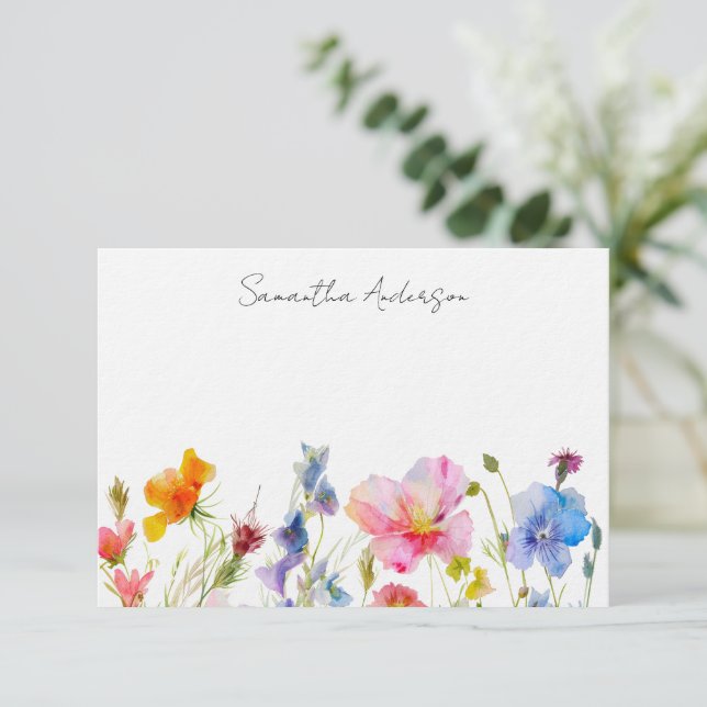 Floral Wildflower Personalised Flat Note Card (Standing Front)