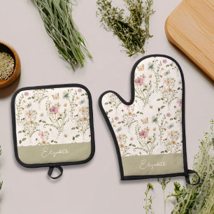 Floral Wildflower Personalised Monogram Oven Mitt & Pot Holder Set