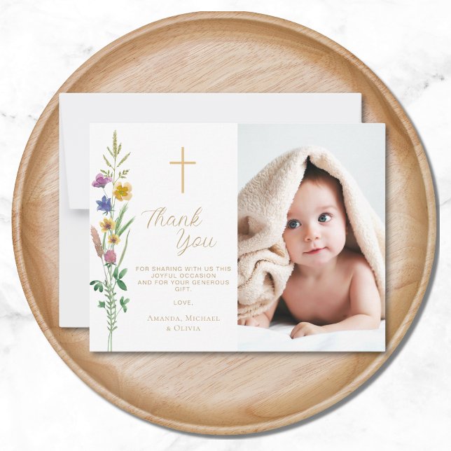 Floral Wildflower Photo Baptism  Thank You Card (Creator Uploaded)