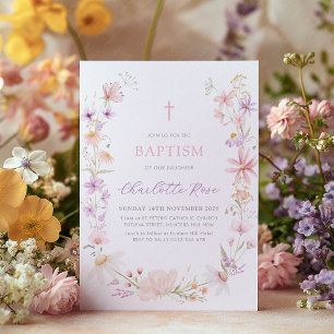 Floral Wildflower Pink Girls Baptism Christening Invitation