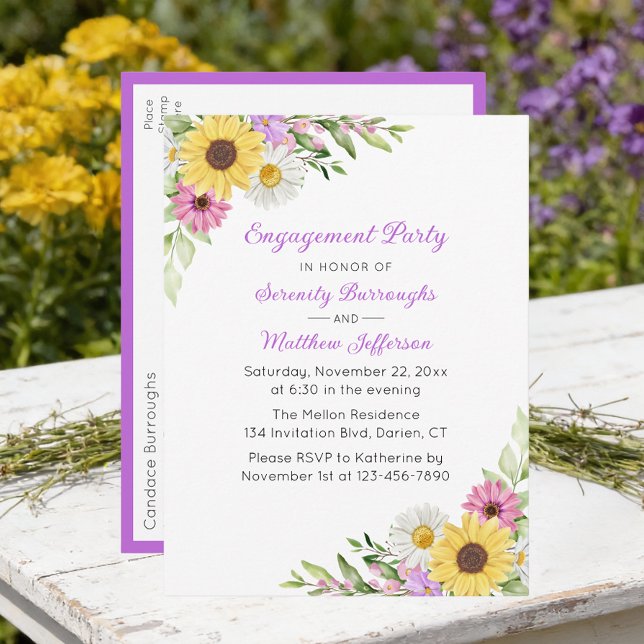 Floral Wildflower Sunflower Daisy Engagement Party Invitation Postcard (Creator Uploaded)
