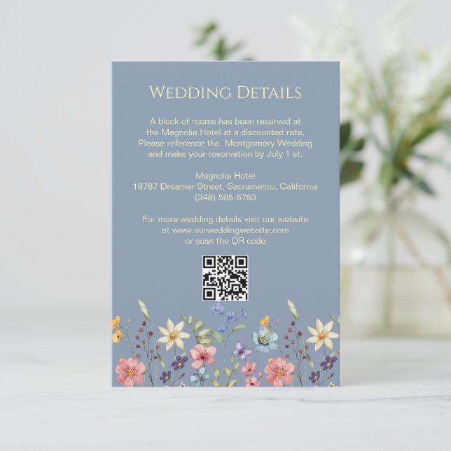 Floral Wildflowers Dusty Blue Wedding Details  Enclosure Card (Standing Front)
