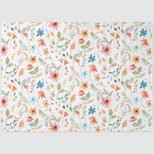 Floral Wildflowers Fall Leaf Greenery Watercolor Tissue Paper (Front)