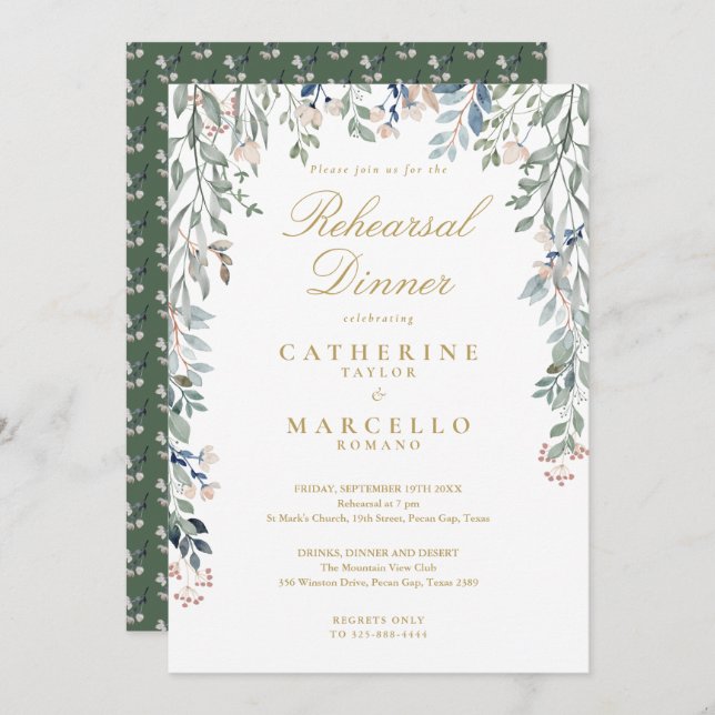 Floral Wildflowers Gold Rehearsal Dinner Invitation (Front/Back)