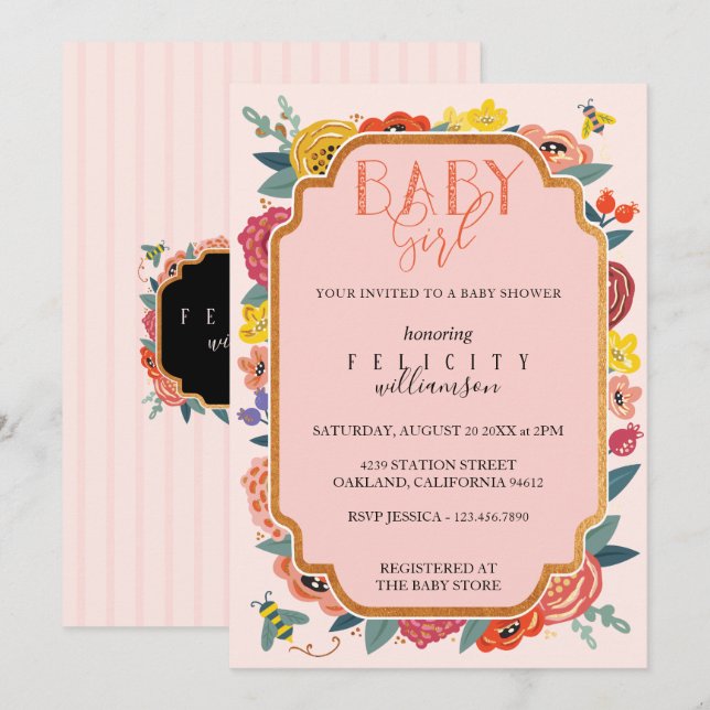 Floral Wildflowers & Honey Bee Baby Girl Shower Invitation (Front/Back)
