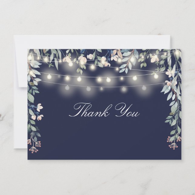 Floral Wildflowers Navy Blue String Lights Script Thank You Card (Front)