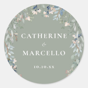 Floral Wildflowers Sage Green Wedding Classic Round Sticker