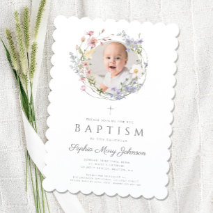 Floral Wildflowers Wreath Girl Baptism Photo Invitation