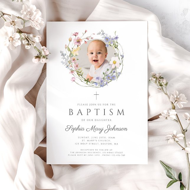 Floral Wildflowers Wreath Photo Baptism Invitation (Floral Wildflowers Wreath Photo Baptism Invitation)
