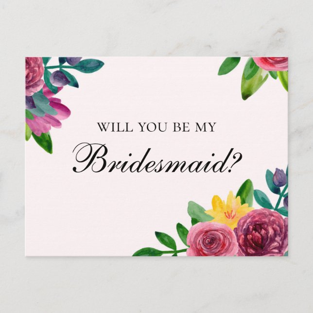 Floral Will you be my bridesmaid. Pink flowers Invitation Postcard (Front)