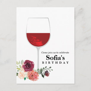 floral wine glass birthday Postcard invitation