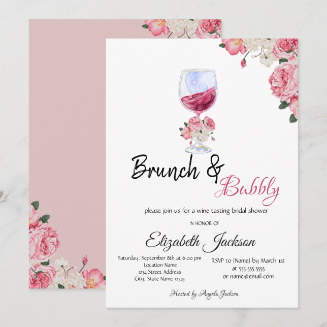 Floral Wine GlasS Brunch & Bubbly Bridal Shower  Invitation (Front/Back)