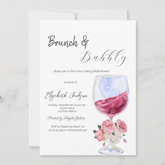 Floral Wine Glass Brunch & Bubbly  Invitation (Front)